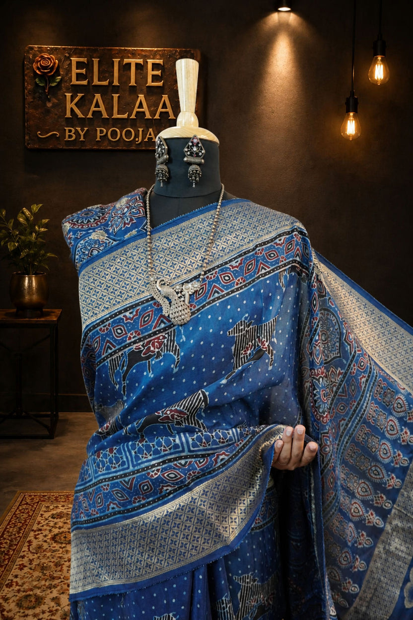 Ajrakh Dola Silk Saree Indigo Blue with Maenakari Palla & Pichwai Nandi Block