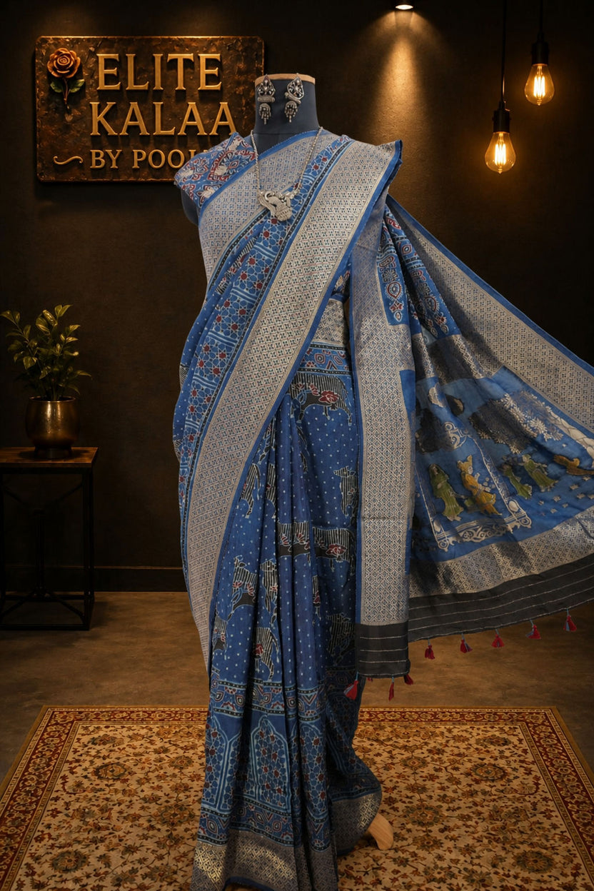Ajrakh Dola Silk Saree Indigo Blue with Maaenakari Palla, Pichwai Nandi Block