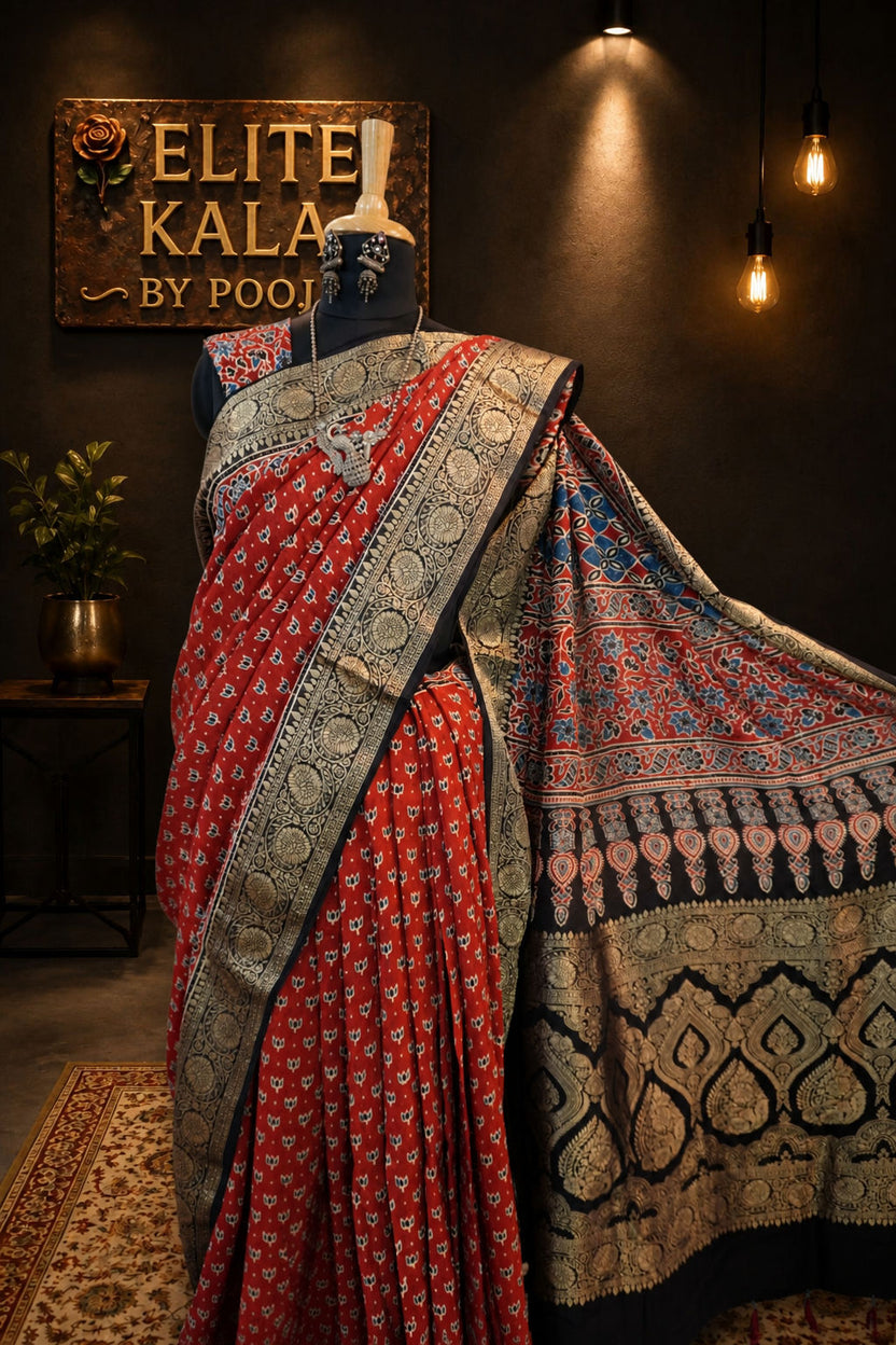 Dola Silk Ajrakh Handblock Saree, Red Small Lotus Boota