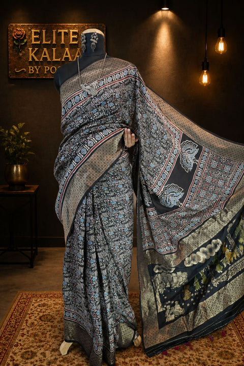 Dola Silk Ajrakh Saree Black with Meenakari Palla, Border