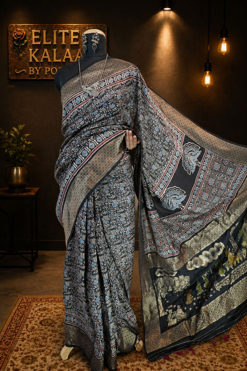 Dola Silk Ajrakh Saree Black with Meenakari Palla, Border