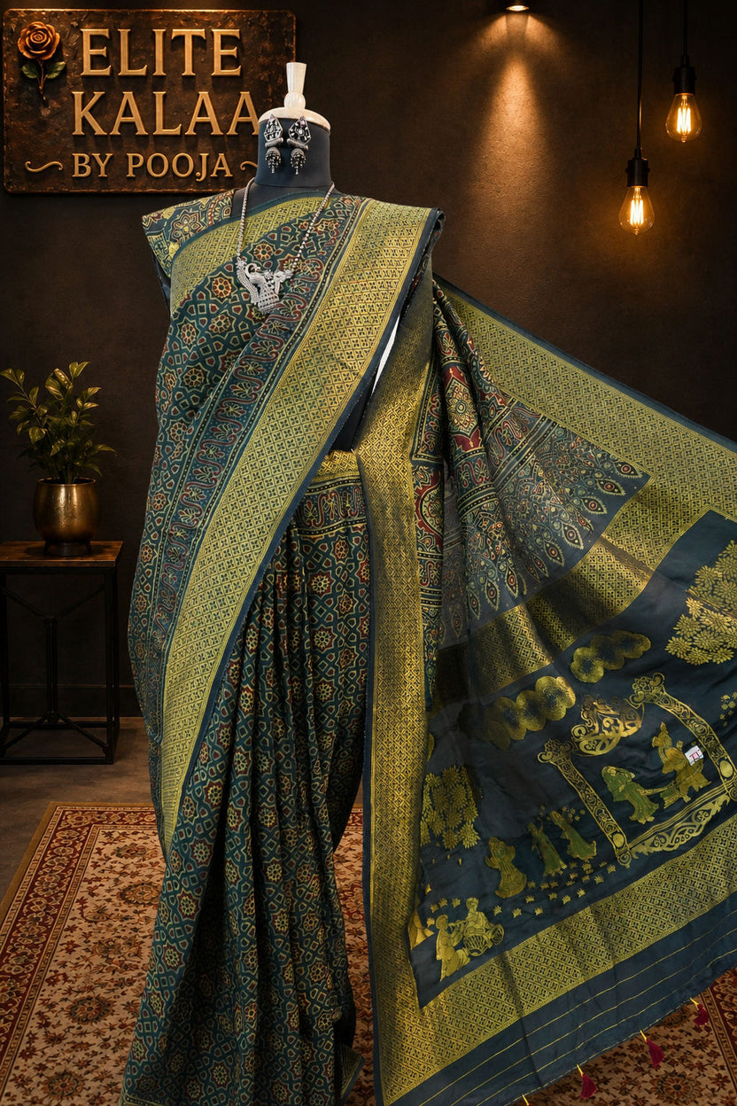 Dola Silk Ajrakh Saree Green with Meenakari Palla, Border & Tassels