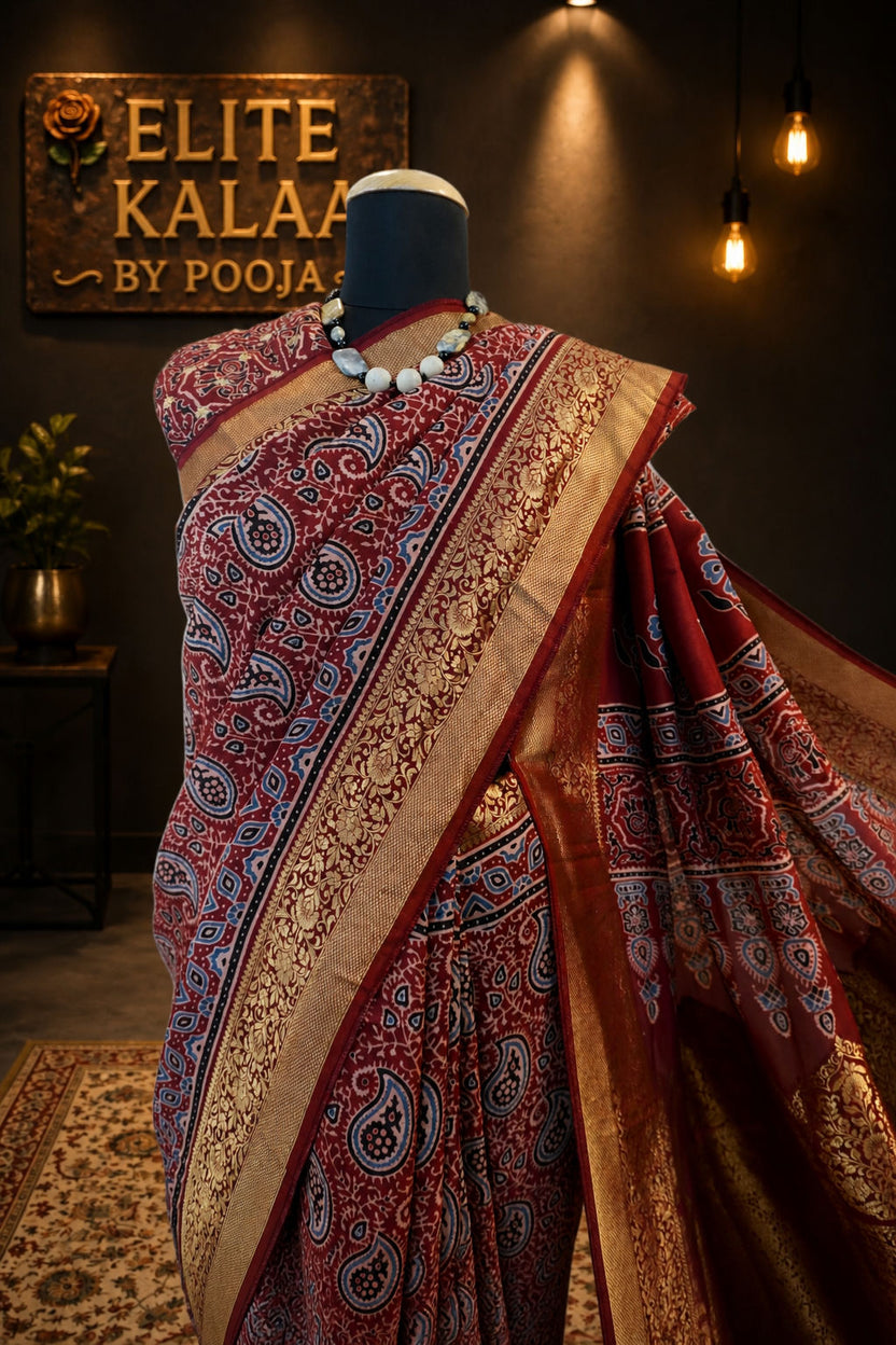 Dola Silk Ajrakh Saree Red with Floral Nakshi Pallu, Border, Zari & Tassels