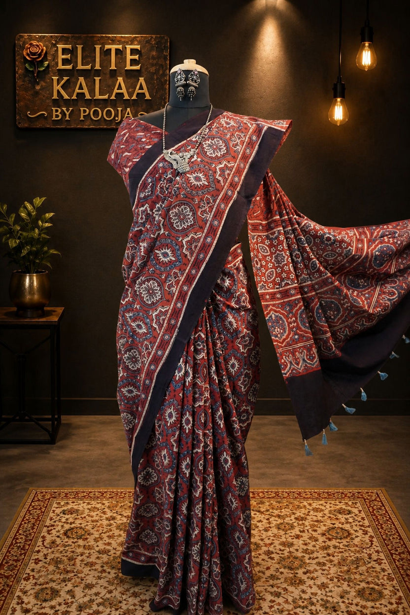 Cotton Ajrakh Saree Rust Red with Border and Tassels