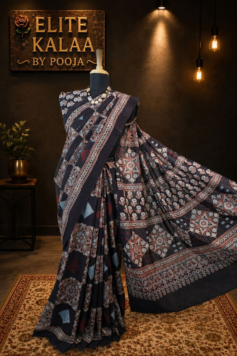 Ajrakh Cotton Saree Black with Border, Red, Beige, Blue & Grey Motif
