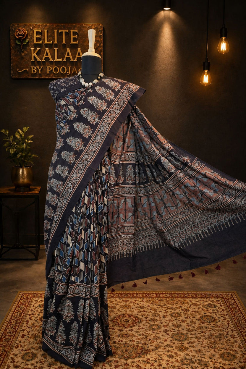 Ajrakh Cotton Saree Black with Border, Tassels, Cream, Rust & Blue Motif