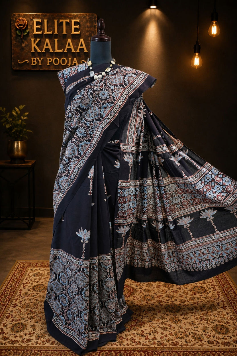 Ajrakh Cotton Saree Black with Border, Blue, Red & Cream Motif