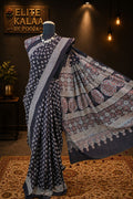Cotton Ajrakh Block Print Saree Black Design 8