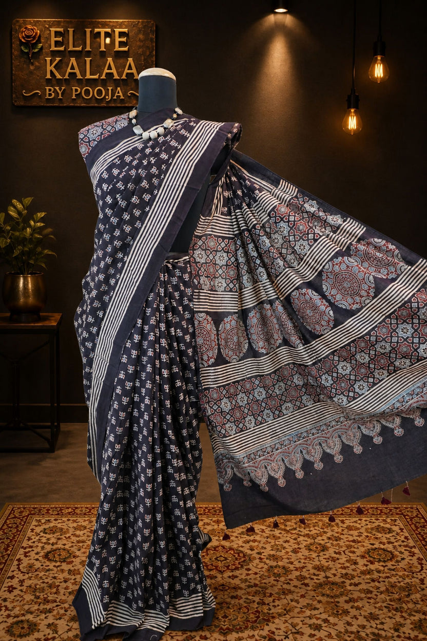 Cotton Ajrakh Block Print Saree Black Design 8