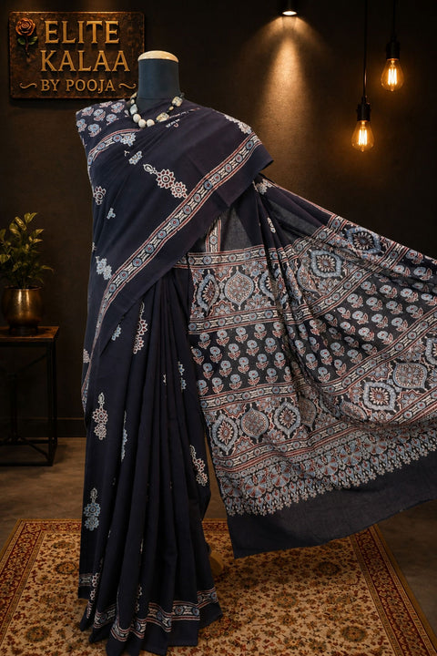 Cotton Ajrakh Saree Black with Border