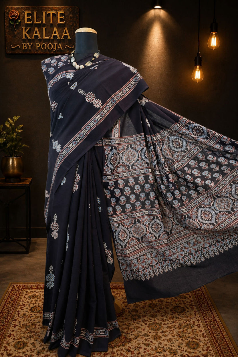 Cotton Ajrakh Saree Black with Border