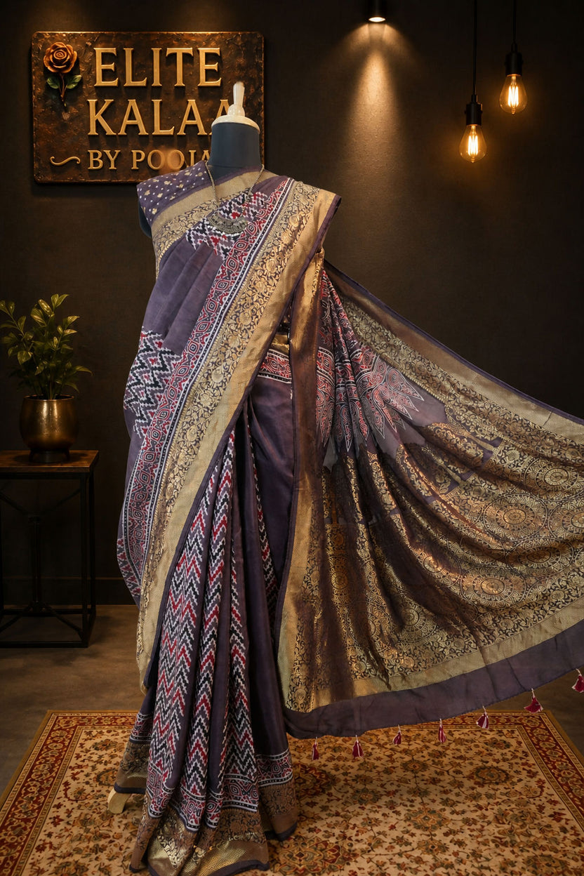 Ajrakh Handblock Dola Silk Saree Brown