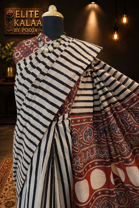 Cotton Ajrakh Saree Red and Ivory Stripes with Border