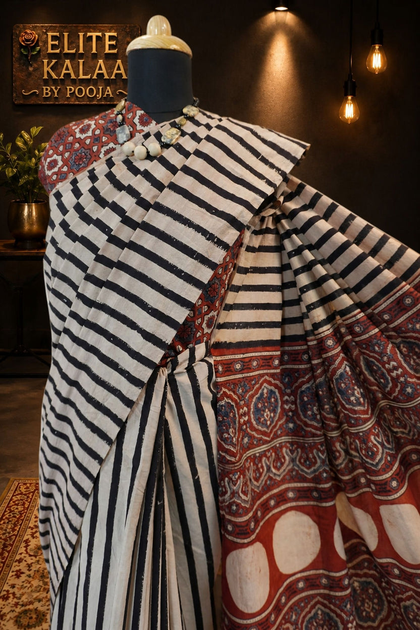 Cotton Ajrakh Saree Red and Ivory Stripes with Border