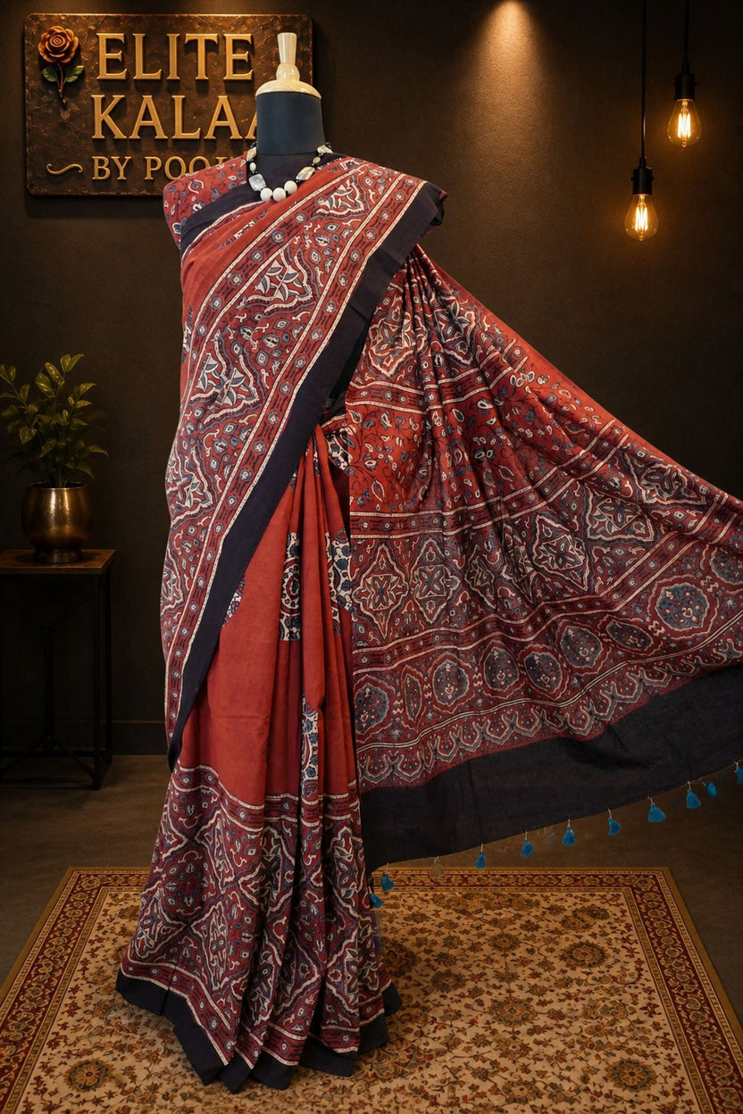 Ajrakh Cotton Saree Red Geometric Circle Design with Border, White, Blue & Black