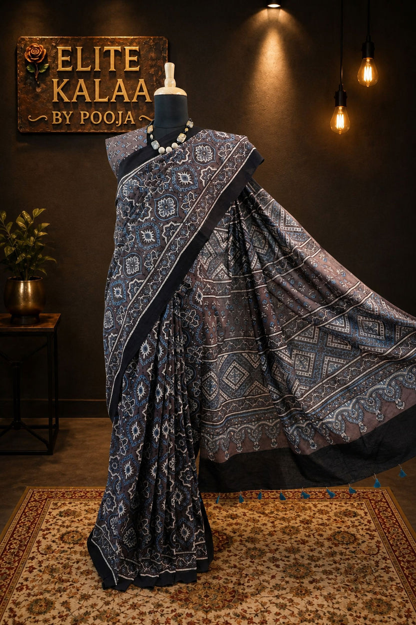 Ajrakh Cotton Saree Brown Badam Boota Design Border