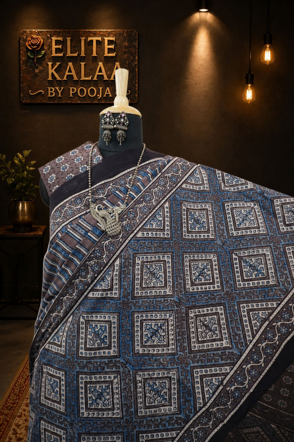 Ajrakh Cotton Saree Brown Stripes Design with Border, Blue & Cream