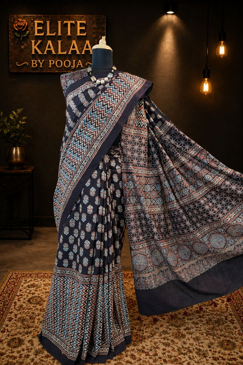 Ajrakh Cotton Saree Black Small Flower Chevron Design Border Tassels