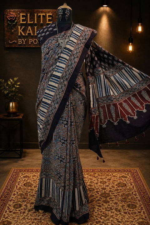 Ajrakh Cotton Saree Black Intricate Jaal Design Border Tassels