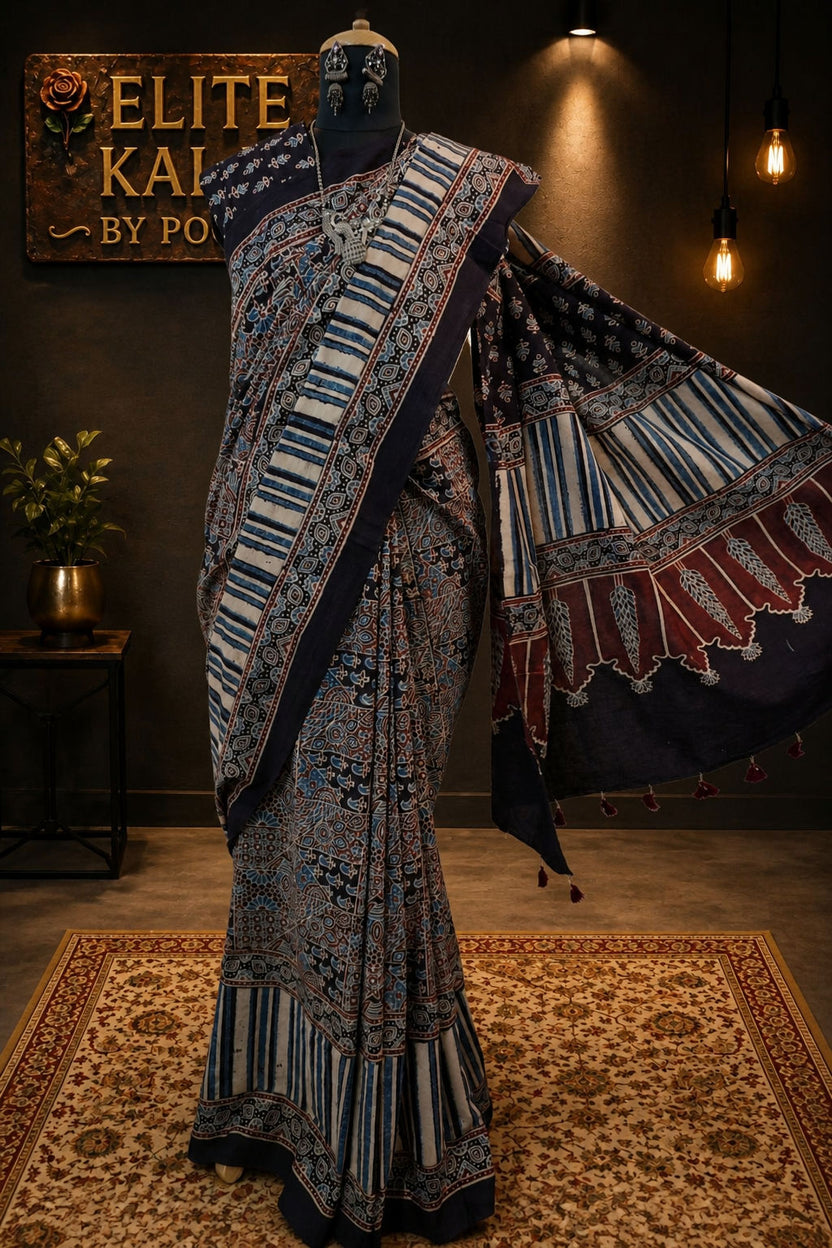Ajrakh Cotton Saree Black Intricate Jaal Design Border Tassels