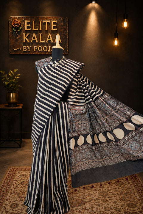 Ajrakh Cotton Saree Black Ivory and Black Stripes Design Border Tassels