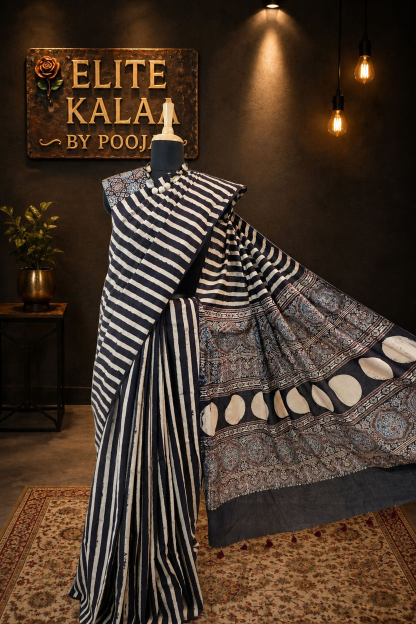 Ajrakh Cotton Saree Black Ivory and Black Stripes Design Border Tassels
