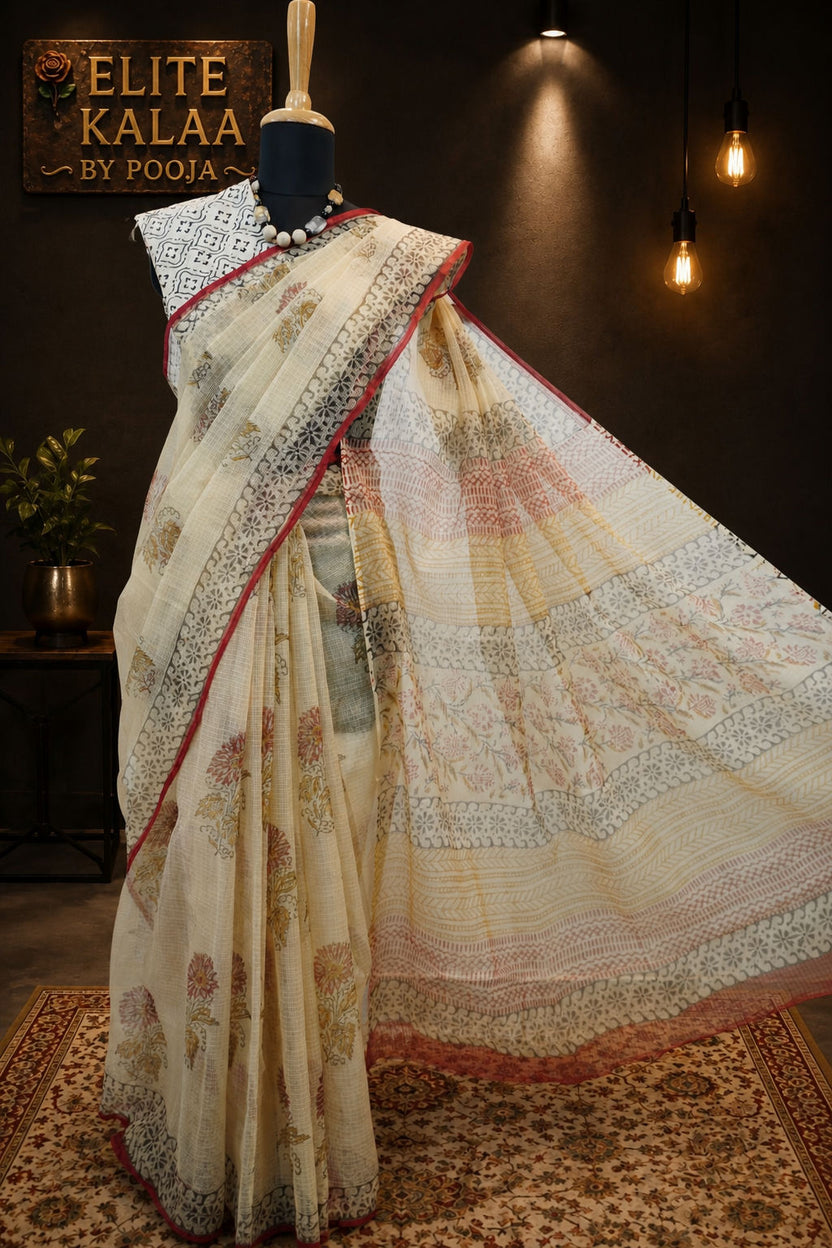 Handblock Kota Saree Cream Design 2 with Multicolor Border