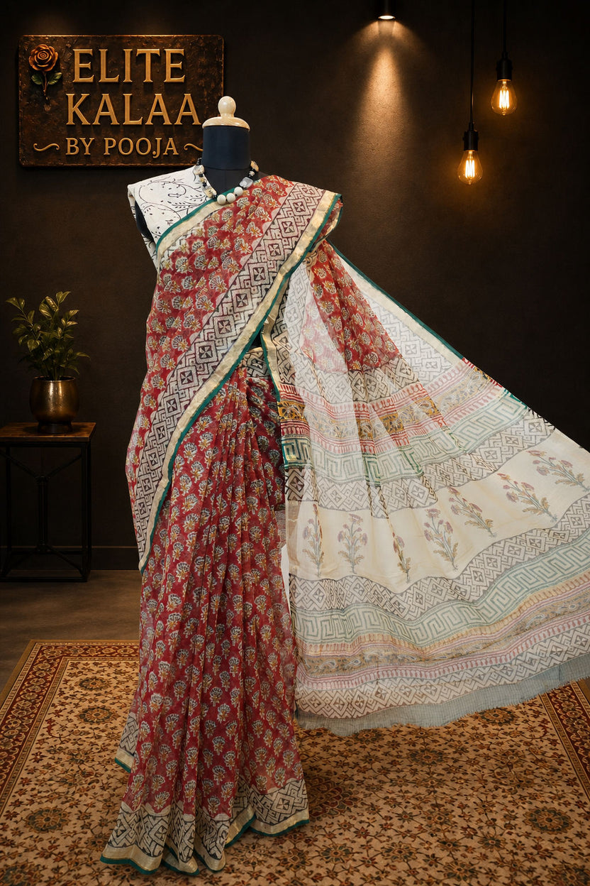 Handblock Kota Saree Red Design 3 with Border