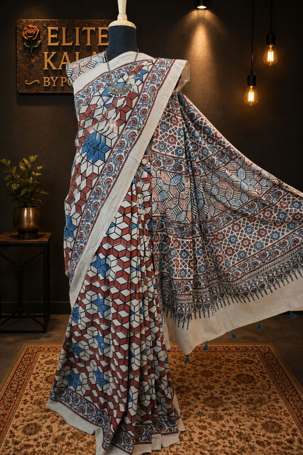 Ajrakh Cotton Saree Ivory with Red Rust, Blue - Design 1