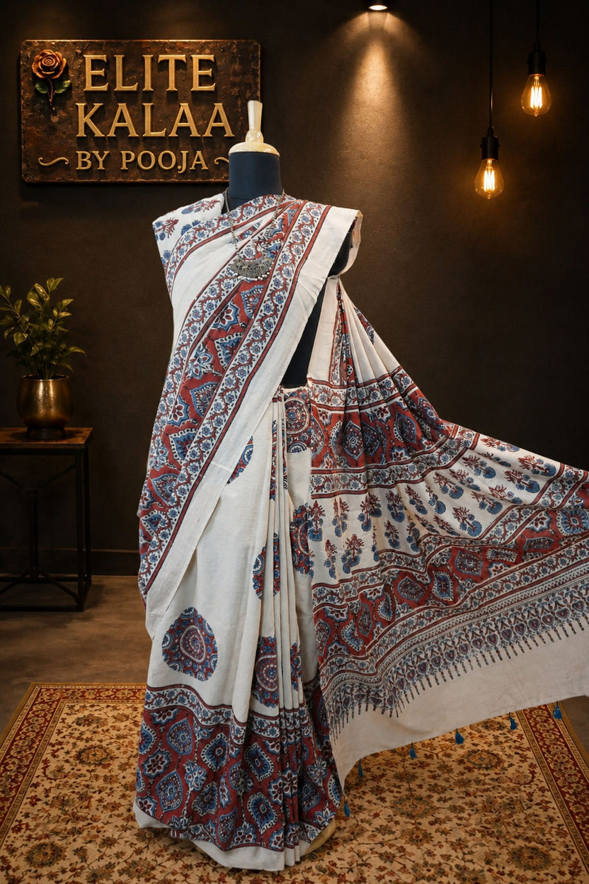 Cotton Ajrakh Saree Ivory with Red, Blue Border & Tassels, Design 2