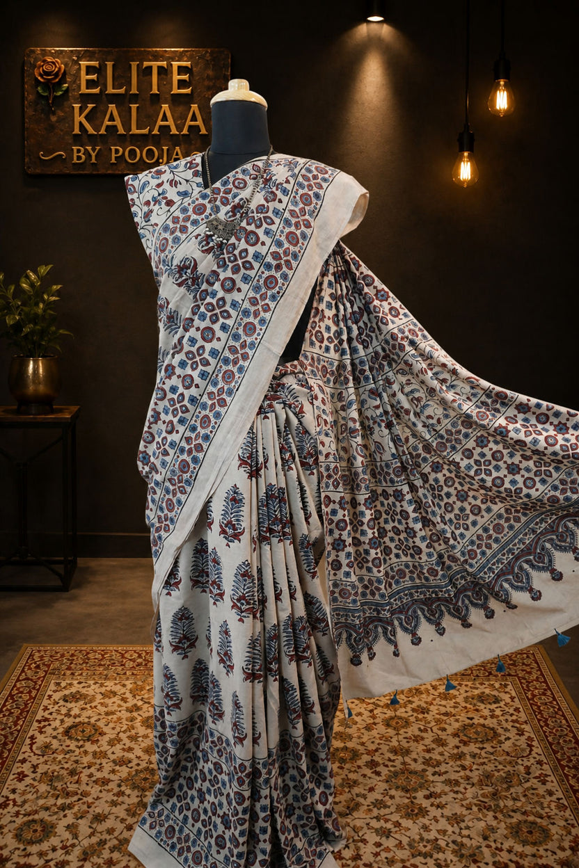 Cotton Ajrakh Saree Ivory with Red Rust and Tassels - Design 3
