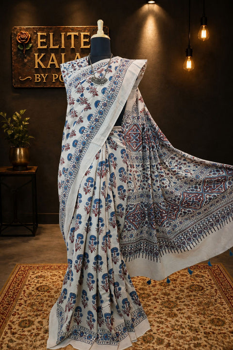 Cotton Ajrakh Placement Print Saree Ivory with Red Rust and Tassels - Design 4