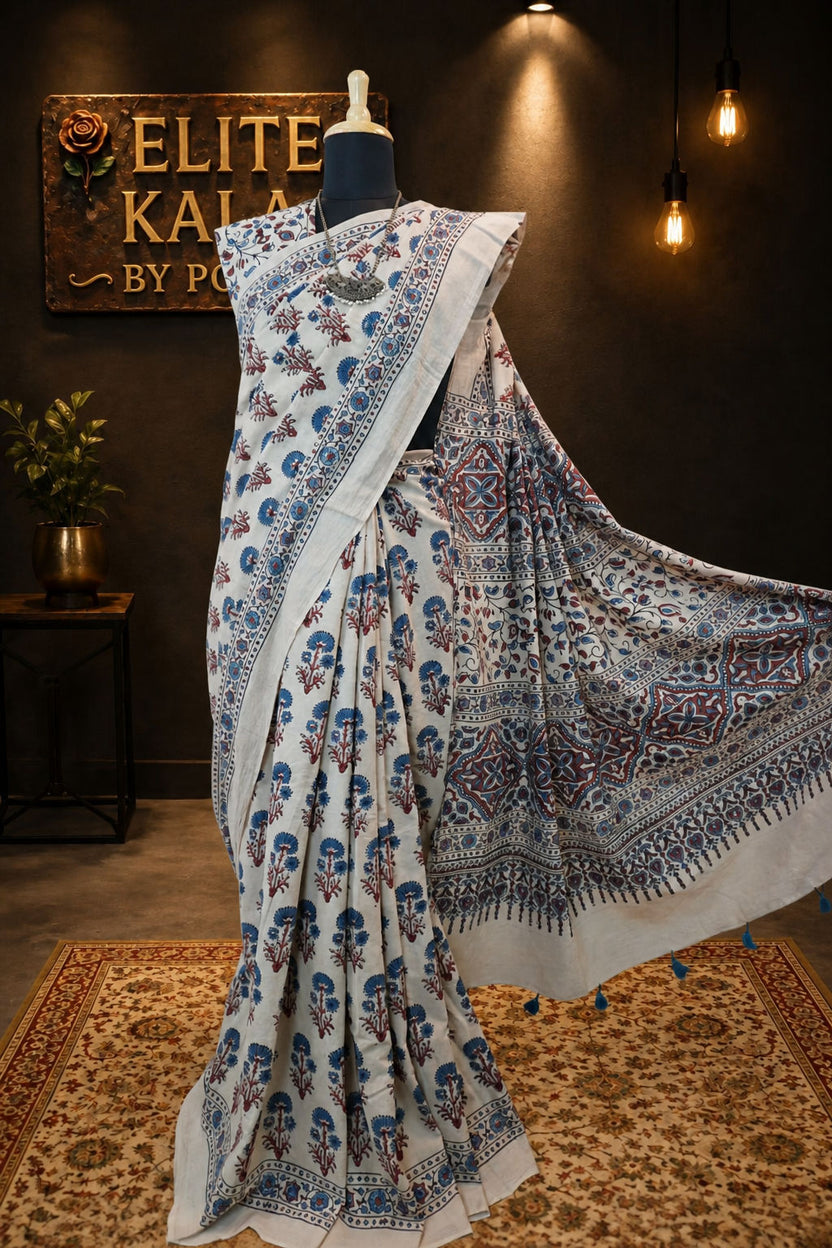 Cotton Ajrakh Placement Print Saree Ivory with Red Rust and Tassels - Design 4