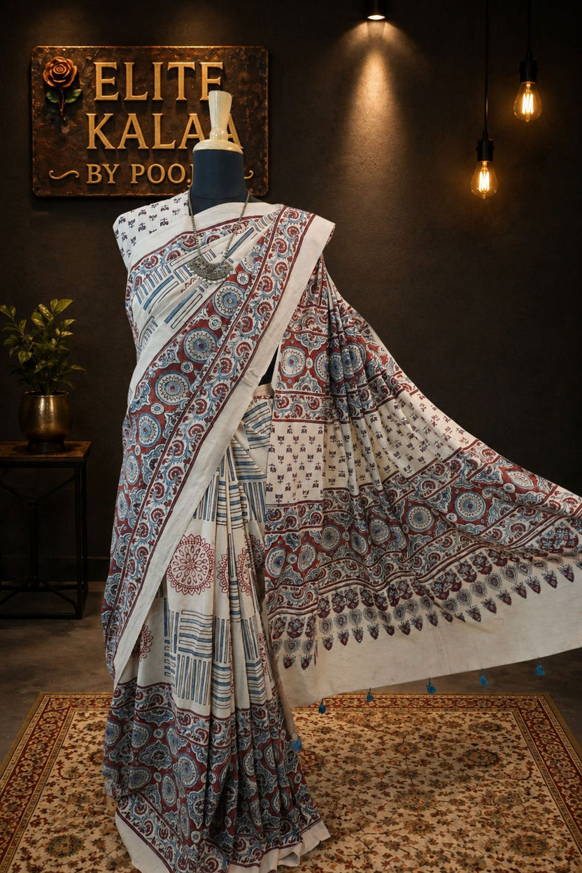 Ajrakh Cotton Saree Ivory with Red Rust, Blue - Design 5