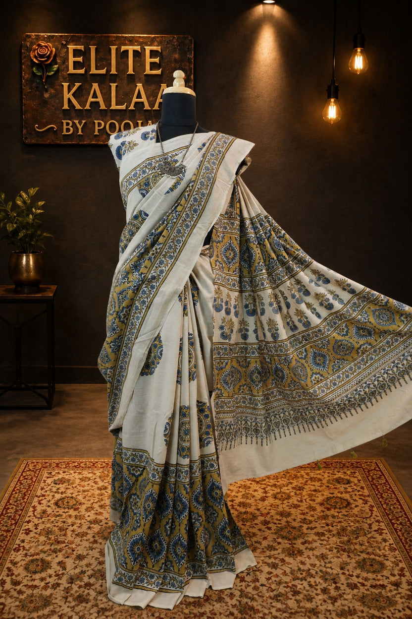 Cotton Ajrakh Block Print Saree Ivory with Olive Green and Tassels - Design 2