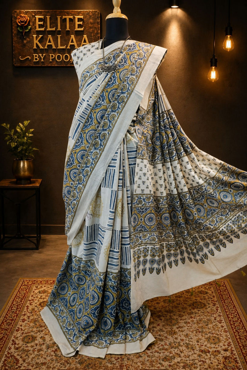 Ajrakh Cotton Saree Ivory with Olive Green, Blue - Design 4