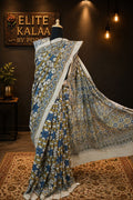 Ajrakh Cotton Saree Ivory with Olive Green, Blue, Yellow - Design 5