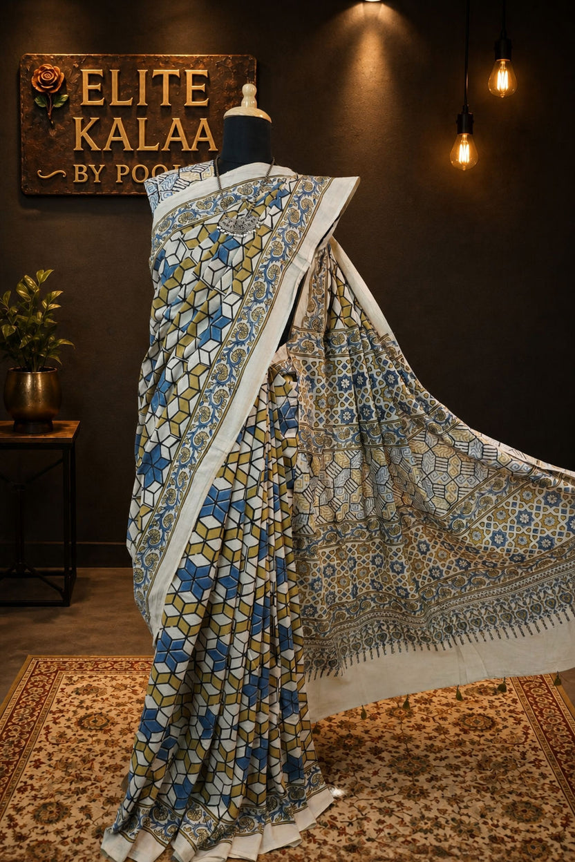 Ajrakh Cotton Saree Ivory with Olive Green, Blue, Yellow - Design 5