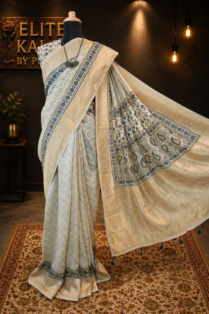 Dola Silk Ajrakh Handblock Saree Ivory Design 1