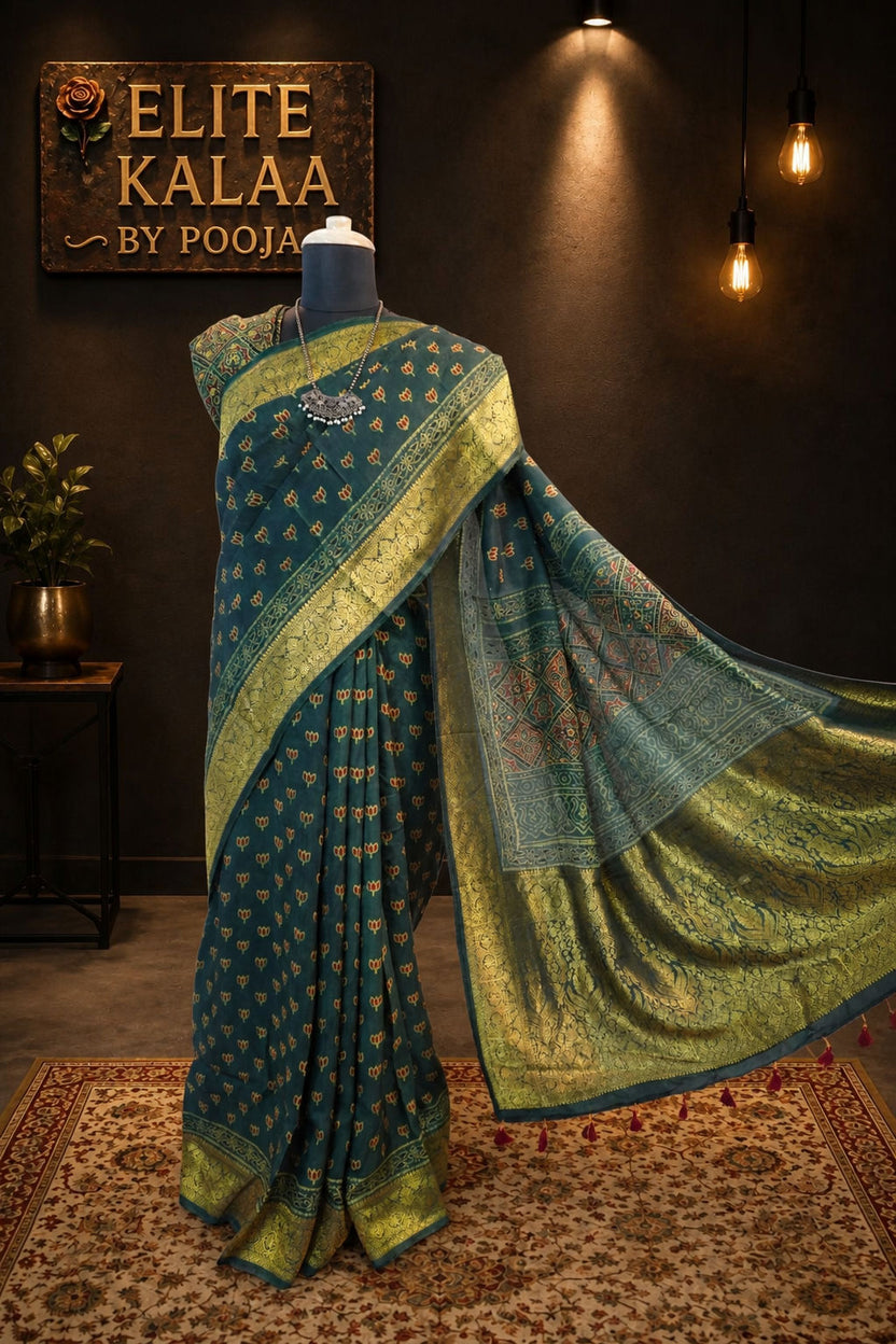 Dola Silk Ajrakh Handblock Saree, Green, Design 1