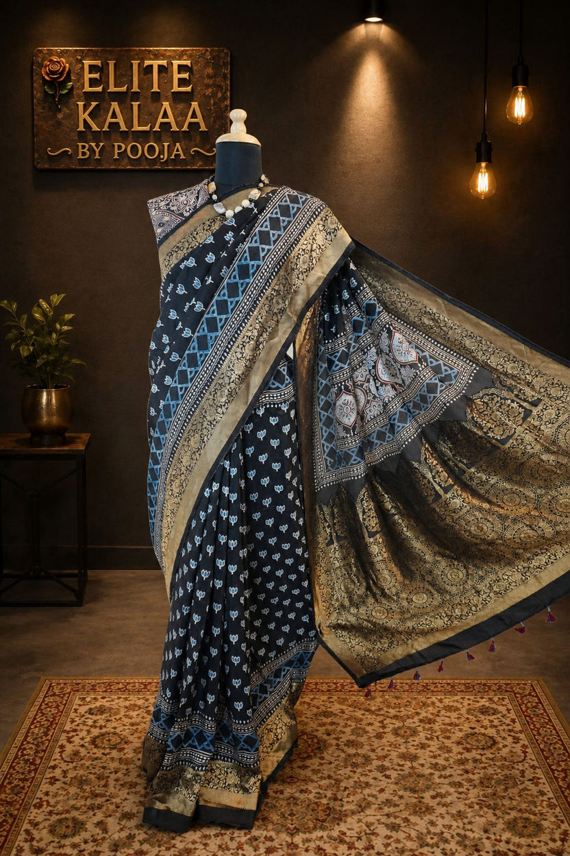 Dola Silk Ajrakh Handblock Saree, Black, Design 1