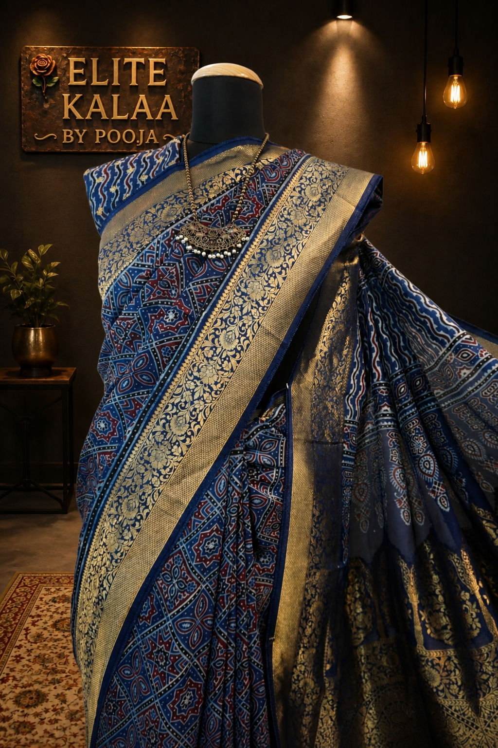 Dola Silk Ajrakh Handblock Saree, Indigo Blue, Design 1