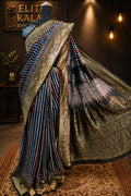 Dola Silk Ajrakh Handblock Saree, Multicolor Stripe Design