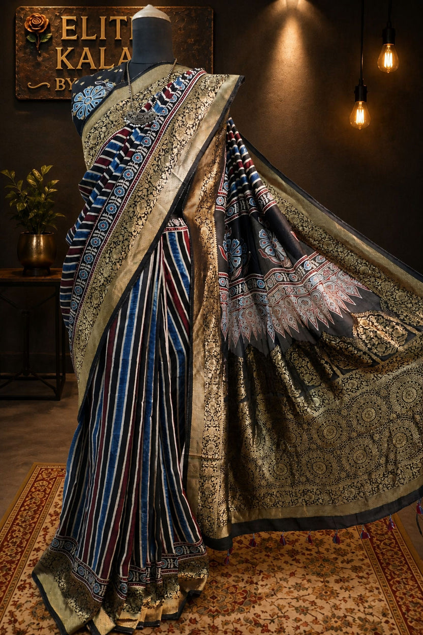 Dola Silk Ajrakh Handblock Saree, Multicolor Stripe Design