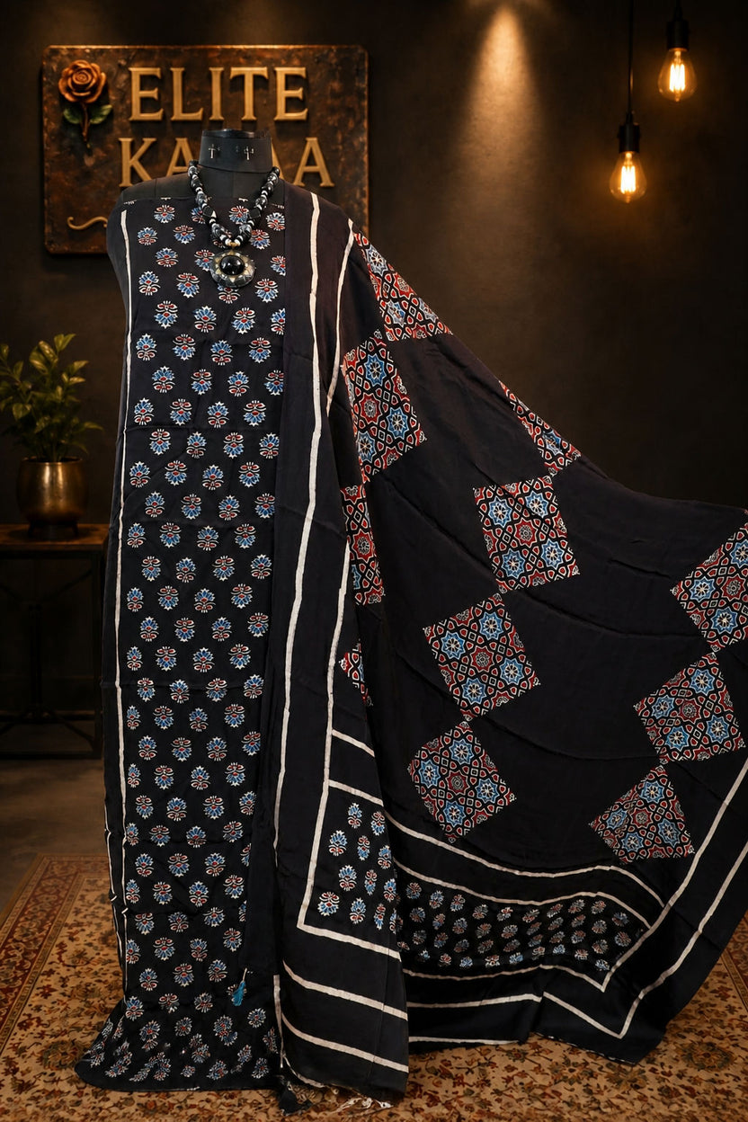 Ajrakh Modal 2 Piece Unstitched Suit Set Black with Border
