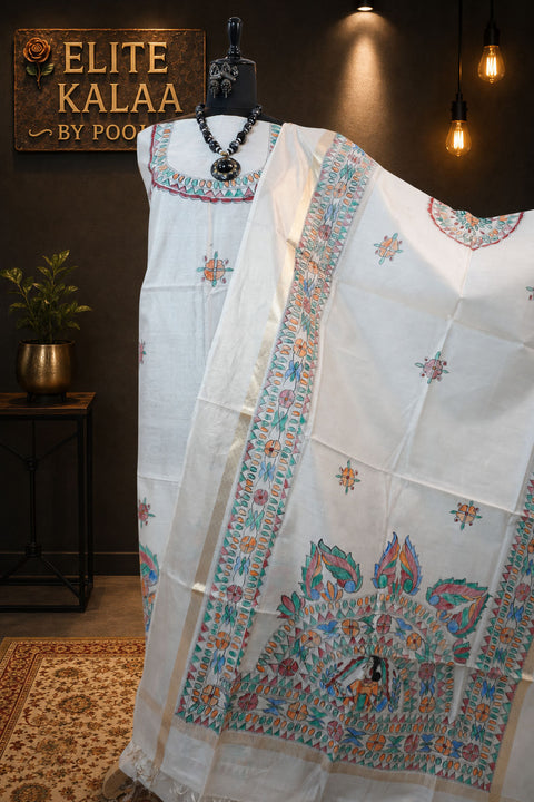 Blue dress material with Madhubani placement pattern and a visible border