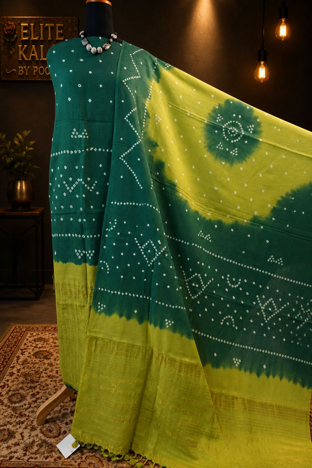Green cotton Ajrakh handblock 2-piece suit set with abstract design, border and zari detailing