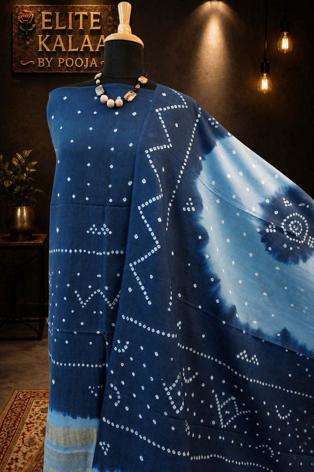 Blue cotton Ajrakh 2 piece unstitched suit set with border and zari detail