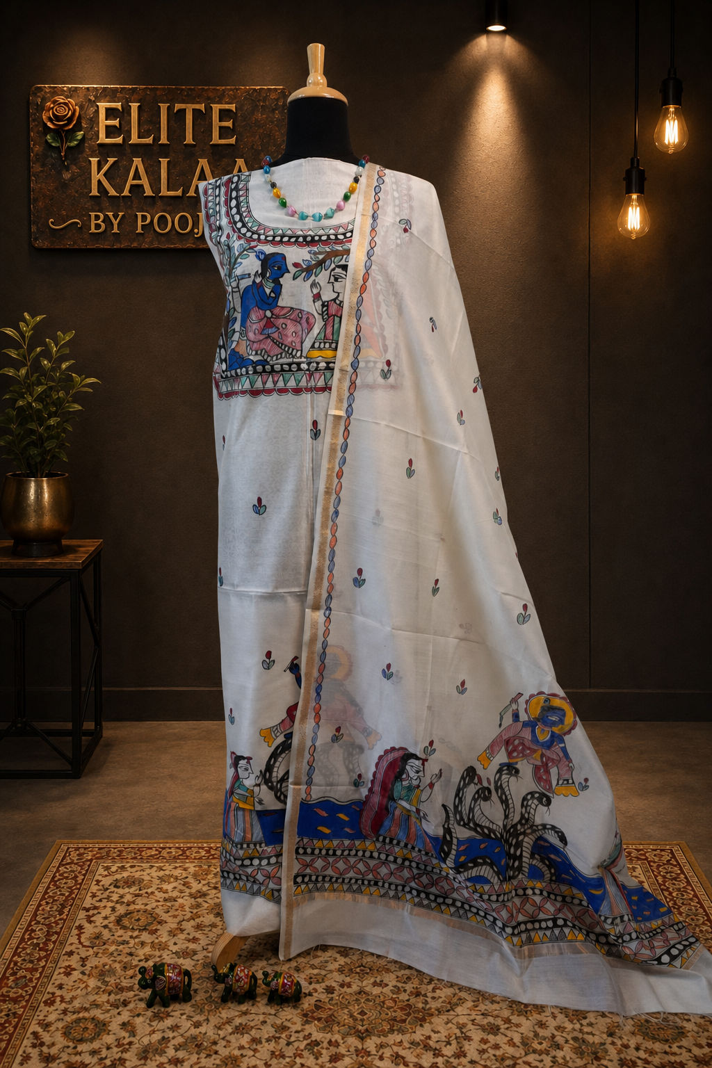 Off white Maheshwari Madhubani 2 piece suit set with figurative pattern, border and fringe detail.