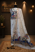 Off white Maheshwari Madhubani 2 piece suit set with figurative pattern, border and fringe detail.